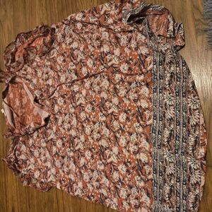 Floral Ruffle Sleeve Top - Orange and Blue